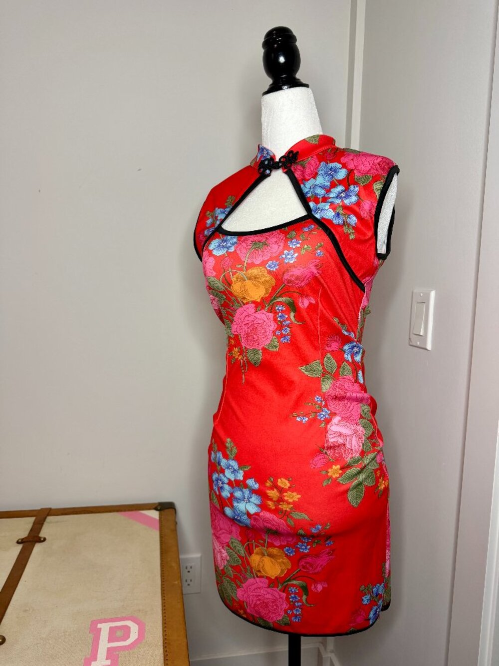 🥢 Red Floral Qipao Cheongsam Mini Dress Y2K Chinoiserie Cutout Small